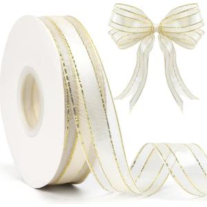 White Organza Ribbon 50 Yards 1 Inch White Organza Gold Edge Sheer Ribbon for Gift Wrapping DIY Craft Christmas Tree Wedding Party Decoration Flower Bouquet Hair Bow Making Christmas Ribbons