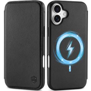 SHIELDON Case for iPhone 16 6.1", Genuine Leather Wallet Slim Magnetic Wireless Charging Folio RFID Blocking Credit Card Holder Full Protection Cover Compatible with iPhone 16 5G 2024 - Black