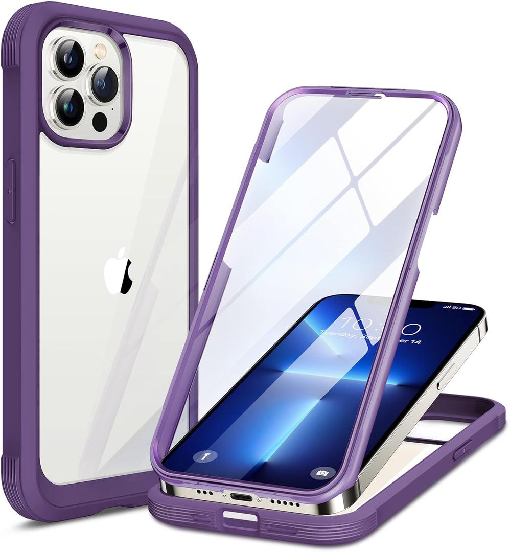 Miracase Glass Case for iPhone 13 Pro Max 6.7 inch, Upgrade Full-Body Clear Bumper Case with Built-in 9H Tempered Glass Screen Protector for iPhone 13 Pro Max, Purple