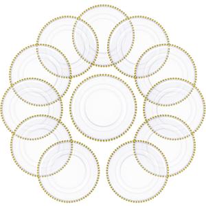 12 Pcs 13'' Gold Clear Plastic Charger Plates with Bead Rim Round Clear Beaded Charger Plate Decorative Dinner Tableware Wedding Birthday Xmas Thanksgiving Halloween Party Table Dinner Decor