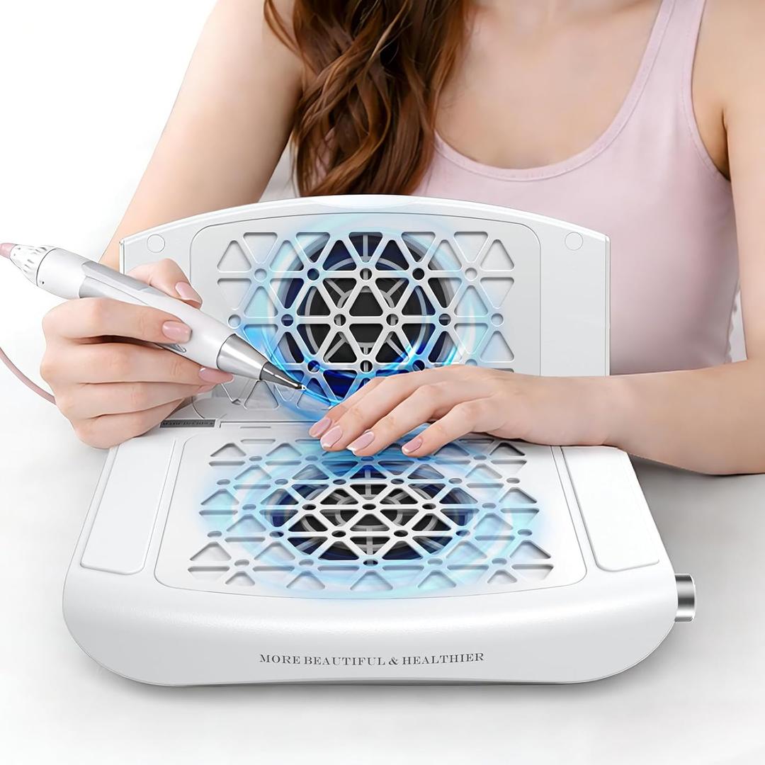 Nail Dust Collector, 14700RPM Foldable Dual-Turbo Fan with 30 Filter Papers for Acrylic Nails Salon & Home - White