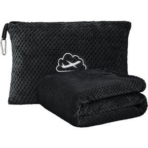BEDELITE Travel Blanket and Pillow Set 2-in-1, Ultra-Soft Jacquard Fleece Blanket with Bag, Airplane Blanket with Luggage Sleeve & Backpack Clip Travel Essentials, Black (40"x65")