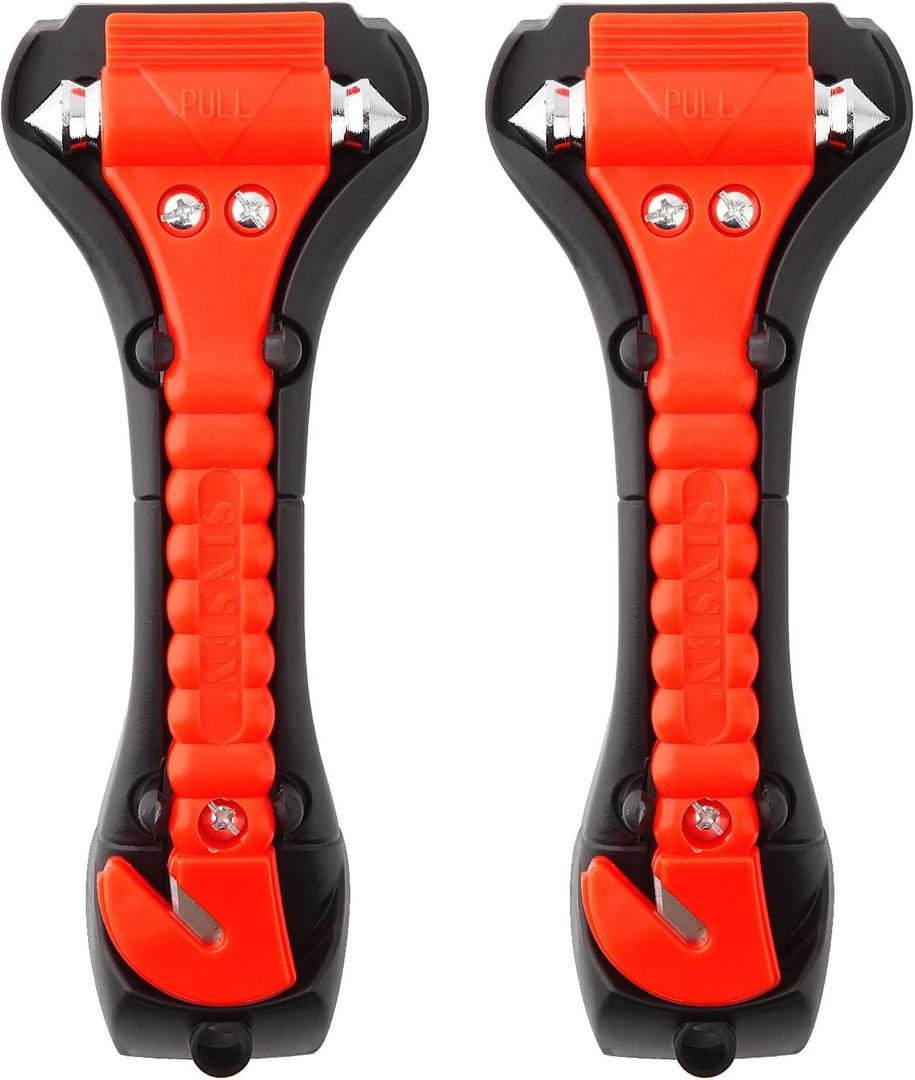 SINSEN Car Safety Hammer Set of 2 Emergency Escape Tool Auto Car Window Glass Hammer Breaker and Seat Belt Cutter Escape 2-in-1 for Family Rescue & Auto Emergency Escape Tools (Classic Red)