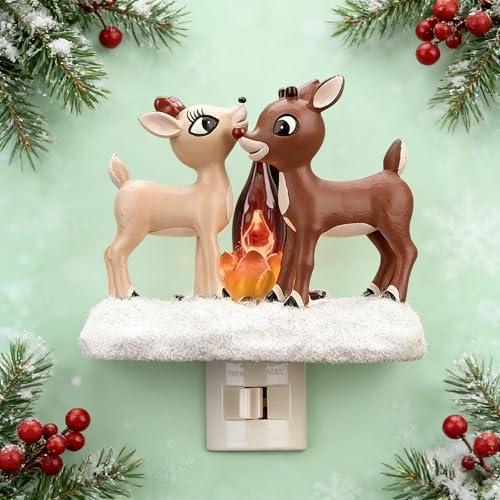 Reindeer Night Light with Flickering Flame – LED Faux Campfire Lamp for Christmas & Halloween Decor, Warm White Twinkling Nightlight for Bedroom, Living Room – Plug in Holiday Home Decoration (1)