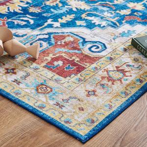 jinchan Area Rug 6x9 Floral Rug Distressed Blue Thin Vintage Retro Indoor Non Slip Carpet Kitchen Living Room Bedroom Dining Room (6'x9')