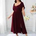 SCOMCHIC Women Plus Size Dresses Short Sleeve Sweetheart Neckline Wedding Guest Cocktail Smocked A Line Slit Maxi Dress (XXL)