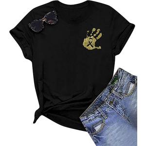 Childhood Cancer Awareness Shirt Women Cancer Support Handprint Shirts Wear Gold Pediatric Cancer Short Sleeve TopsM