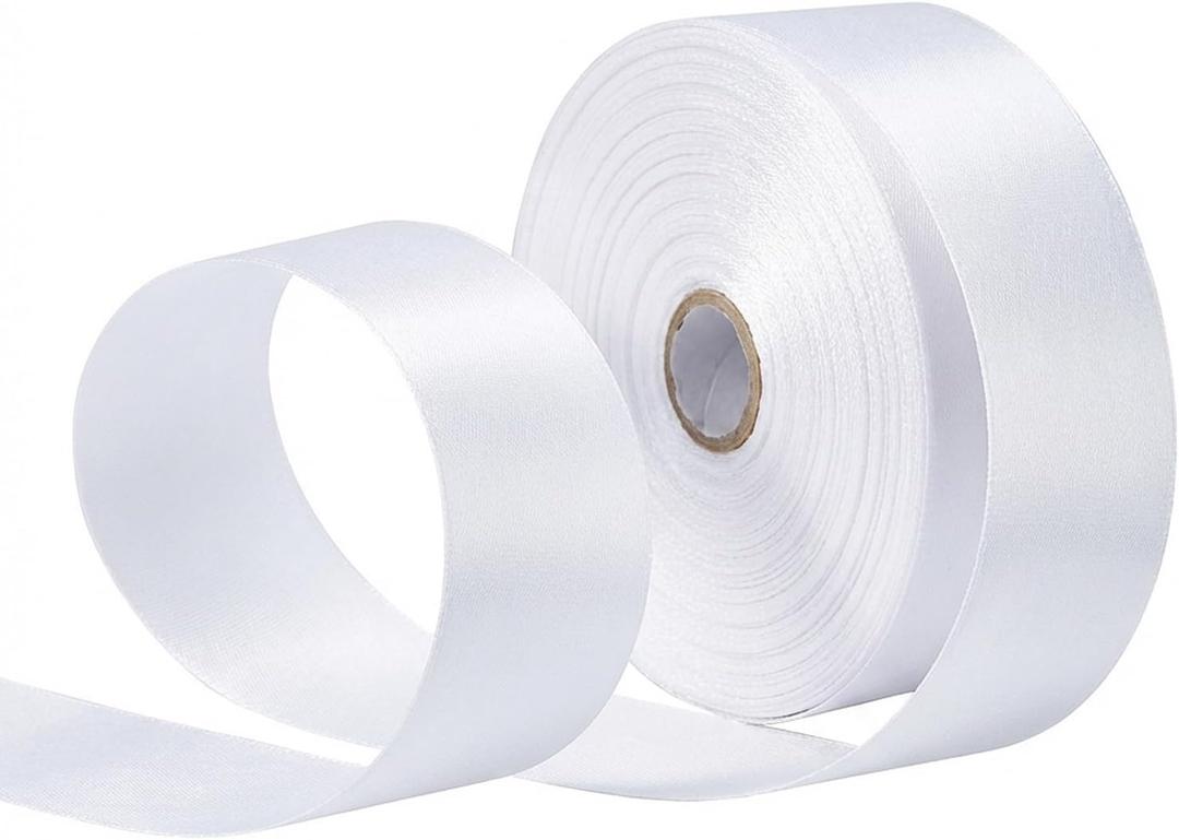 White Ribbon for Gift Wrapping, Satin Fabric Roll for Father's Day Bows & Eternal Flowers Making, Floral Bouquets. 1 1/2 Inch x 50 Yards