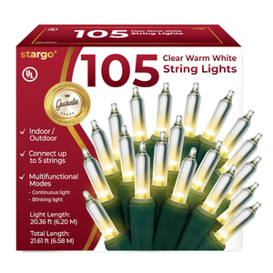 Clear Warm White Christmas Tree Lights  20 ft String of 105 Incandescent Mini Bulbs Multifunctional Lighting Modes, for Decorative, Bedroom, Outdoor, Xmas Twinkle Lights with Green Wire Total 21.6 ft