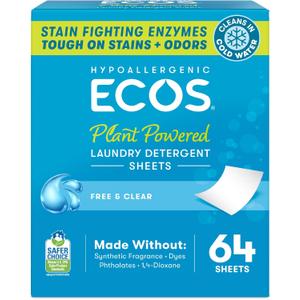 ECOS Laundry Detergent Sheets Vegan, No Plastic Jug, No Mess & Liquid Free - Hypoallergenic, Plant Powered Laundry Detergent Sheet - Free and Clear - 64 Count (Pack of 1)