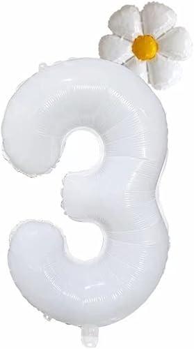 40 Inch White Number 3 Daisy Balloons Set，Birthday Balloons For Kids and Aldult，Jumbo Helium Foil Balloon，3rd Birthday Party Decorations (White 3)