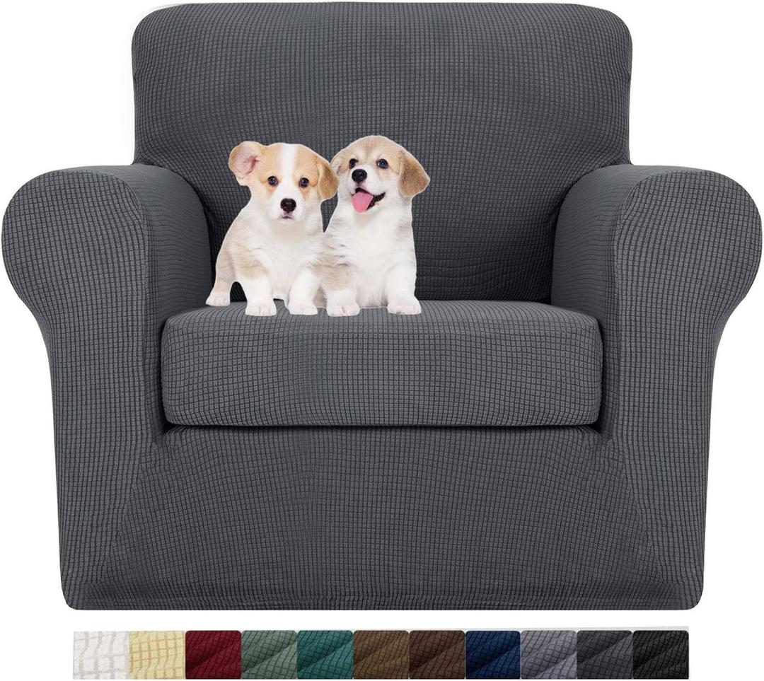 MAXIJIN 2 Piece Chair Slipcovers with Arms Super Stretch Chair Covers for Living Room Dogs Pet Proof Fitted Sofa Couch Protector Spandex Non Slip Armchair Slipcover Washable (Chair, Gray) (31"-46"(1 Cushion), Grey)