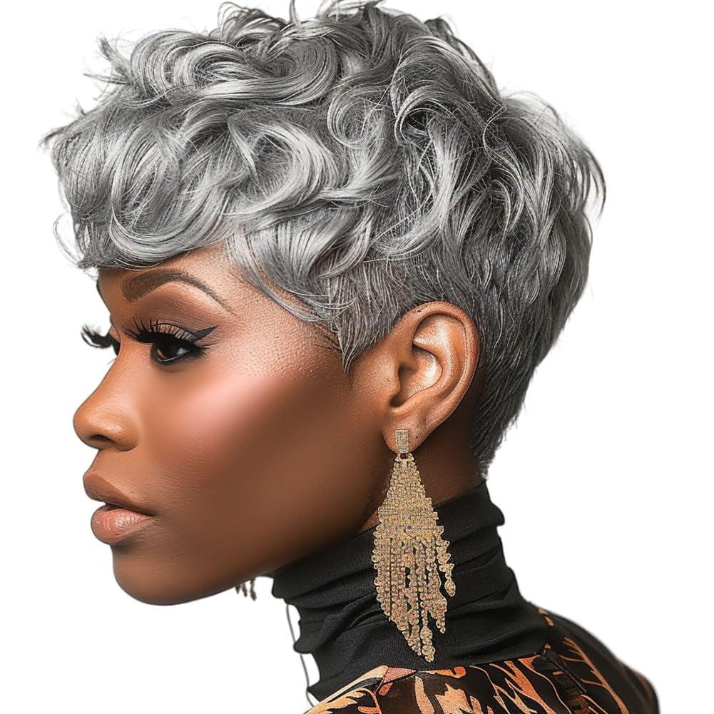 MOONSHOW Short Grey Wigs for Black Women Grey Pixie Cut Wig Short Gray Wigs for Blcak Women Synthetic Gray Curly Pixie Wig for Old Women