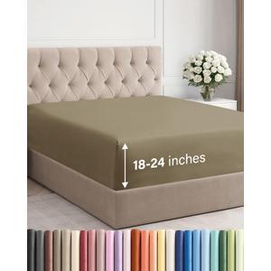 Extra Deep Cal King Fitted Sheet - Hotel Luxury Single Fitted Sheet Only - Easily Fits 18 inch to 24 inch Mattress - Ultra Soft, Wrinkle & Fade Free w/Extra Deep Pockets - Breathable & Comfy - Khaki