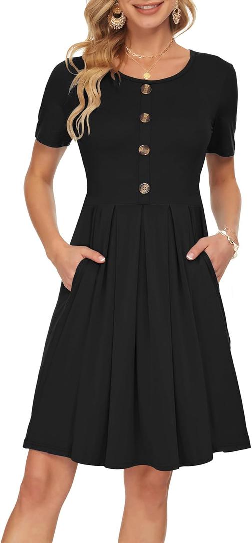 AUSELILY Women's Short Sleeve Summer Dress Pleated Button Down Knee Length Dresses with Pockets 2026 New (XXL)