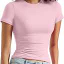 OMKAGI Double Lined Slim Fit T Shirts for Women Short Sleeve Crew Neck Crop Top (XL)
