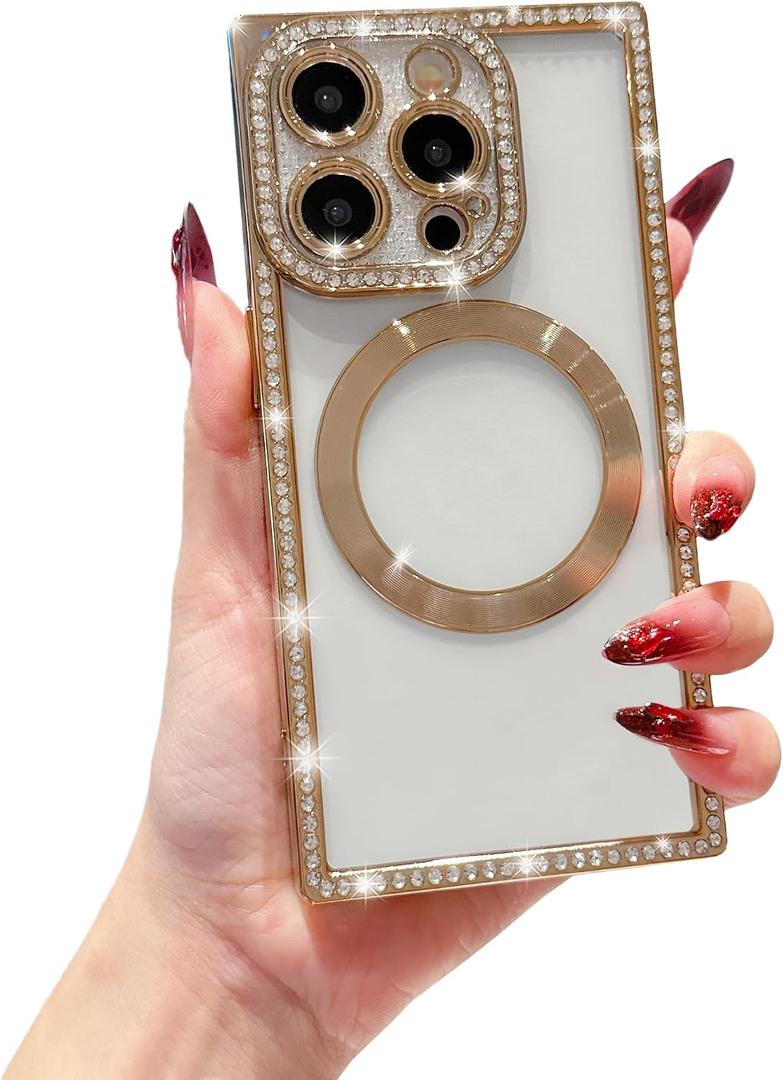 Owncase Magnetic for iPhone 15 Pro Case, Compatible with Magsafe, Crystal Diamonds Glitter Electroplated Edge Soft TPU Clear Phone Case for Women Girls, Gold