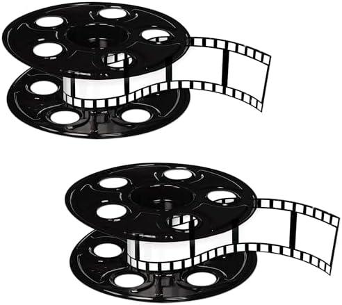 Beistle Movie Reel with Filmstrip Centerpieces, 2-Count Thin Plastic 3D Cinema Reels with 15-Foot Filmstrips, Customizable Hollywood Party Decorations for Red Carpet Events & Theater Themes, 9"