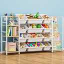 Toy Storage Organizer with 4-Tier Bookshelf, 57" Extra Wide Kids Toy Storage Shelf with 12 Bins, Large Metal Kids Bookcase for Playroom Organization and Nursery Room Decor, White