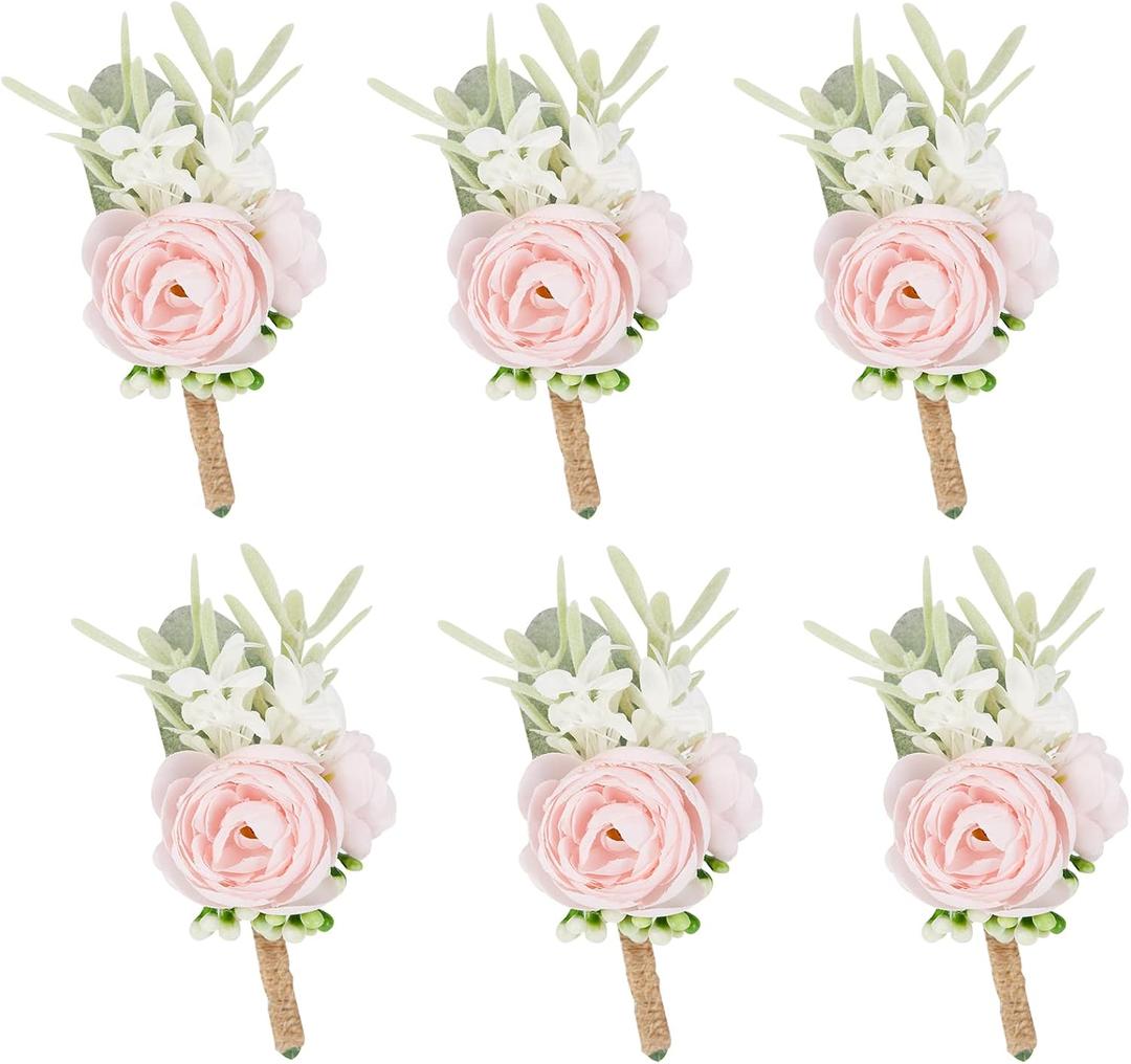 Meldel Pink Boutonniere for Men, Set of 6, Groom and Best Man Boutonniere with Artificial Flower,for Wedding Ceremony Anniversary, Formal Dinner Party, Fall Vintage Rustic Wedding Prom