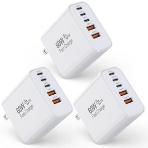 3 Pack Apple 17 Pro Max Charger Fast Charging, PD 60W 5 in 1 Multiport USB C Wall Charger Block Fast Charging, iPhone 16 Plug Cube Quick Charge for iPhone17 Air/16/16e/16 Pro/15Pro Max/14/13/12/11/iPad