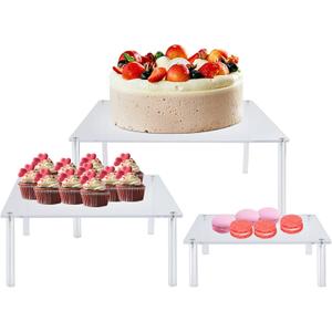 3 Pcs Square Acrylic Cake Stands, Akamino Reusable Round Cupcake Holder for Dessert Cake Pizza, Display Stand Party Serving Platter for Christmas Wedding Birthday Baby Shower Tea Party