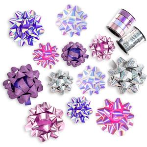 WRAPAHOLIC 14 Pcs Gift Bows Assortment - 12 Multi Colored Assorted Size Gift Bows (Purple, Pink, White, Rose Gold, Silver) and 2 Crimped Curling Ribbons, Perfect for Christmas, Holiday, Party