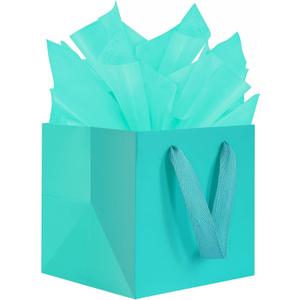 KEYYOOMY Teal Blue Square Gift Bags with Handles Gift Bags Medium Size with Tissue Paper Party Favor Bag for Birthday Weeding (10 CT, 8x8x8 Inch, Teal Blue)