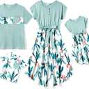 PATPAT Family Matching Outfits Short Sleeve Mommy and Me Outfits Belted Dresses and Casual T-Shirts Matching Sets (Small, Celadon)