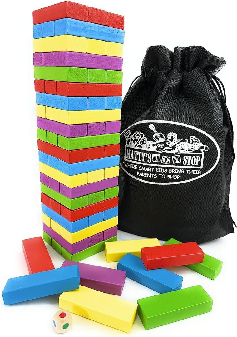 Matty's Mix-Up 60pc Large Colorful Wooden Tumble Tower Deluxe Stacking Game with Storage Bag