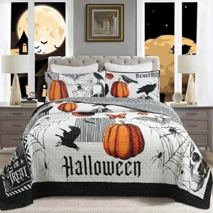 MarCielo 3 Pcs Halloween Themed Quilt Bedspread Set - Cozy and Spooky Pumpkin and Ghost Pattern (Halloween, King)