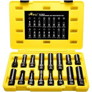Topec 16-Piece Locking Lug Nut Master Key Set | 5, 6, 7, 12 Spline Socket Set, Star and Internal Hex Style Lug Nut Key Set, CR-MO Steel (Not for Hex, Deep, Large-Size, and 10-Spline)