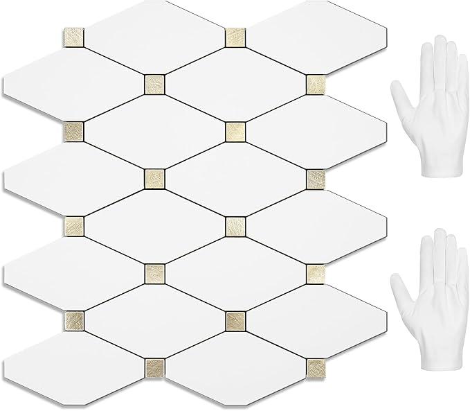 STICKGOO 10 Sheets Peel and Stick Backsplash, Pure White Marble Look PVC Mixed Metal Gold Kitchen Backsplash, Stick on Backsplash Wall Tiles for Kitchen, Bathroom, RV