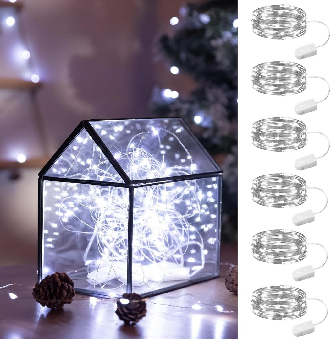 HXWEIYE 6 Pack White Fairy Lights Battery Operated, 7ft 20LED Mini Fairy Mason Jar String Light, Waterproof Firefly Starry Lights for DIY Wedding Party Bedroom Patio Christmas Dcor