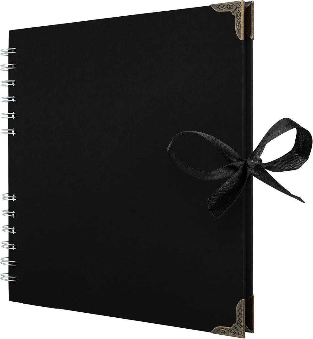 Bstorify Scrapbook Album 60 Pages (8 x 8 inch) Black Thick 250gsm Kraft Paper, Corner Protectors - Scrap Book, Ribbon Closure - Ideal for Your Scrapbooking Albums, Art & Craft Project