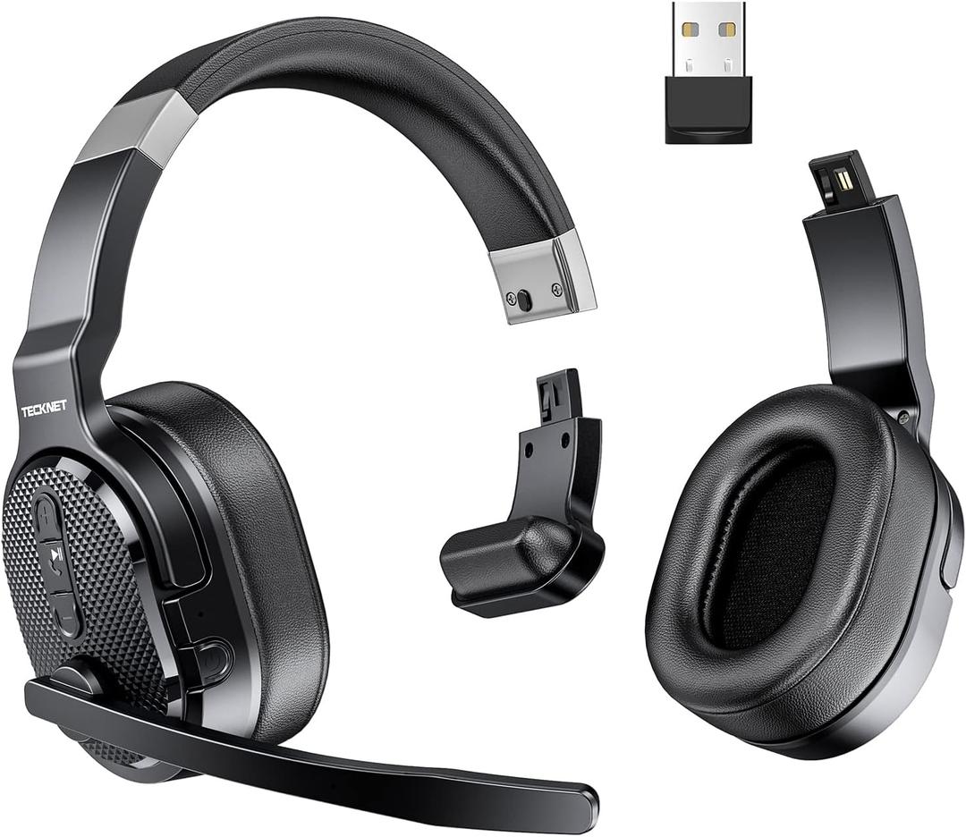 TECKNET Bluetooth Trucker Headset, Single and Dual Ear Wireless Headset with Mic for Work Noise Cancelling, 50Hrs 3 EQ Music Modes Trucker Bluetooth Headphones for PC, Drivers, Office, Call Center