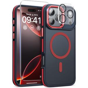 Magnetic 3 in 1 for iPhone 17 Pro Max Case, [OmniDirectional Protection] with 1x Screen Protector + 1x Camera Cover, [Seamless Work with Magsafe] Protective Silm Matte Case for iPhone 17 Pro Max Red Only Case Is Included
