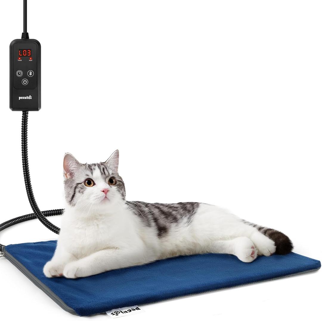 Pecute Cat Heating Pad Indoor - 6 Adjustable Temperature With Timer, Dual-Resistant Cable, Waterproof Layer, Heated Bed Mat Blanket for Cats and Dogs (15.7"L x 11.8"W x 0.2"Th)