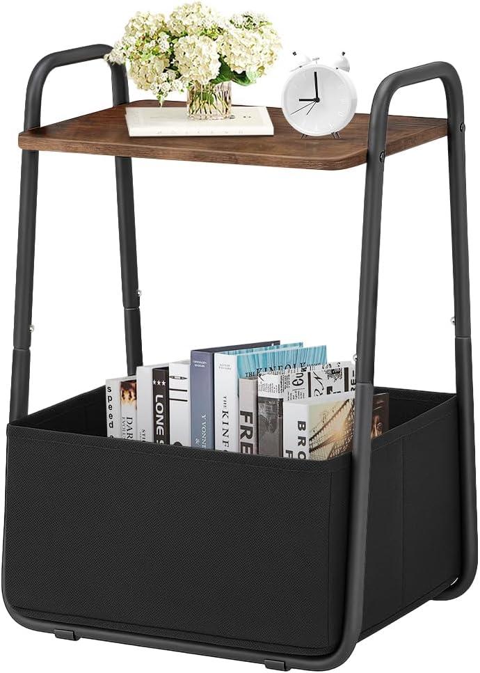 Rustic Brown Metal Frame Nightstand - Small Side Table with Fabric Storage Basket and Handle - Ideal for Bedroom & Living Room & Dorm