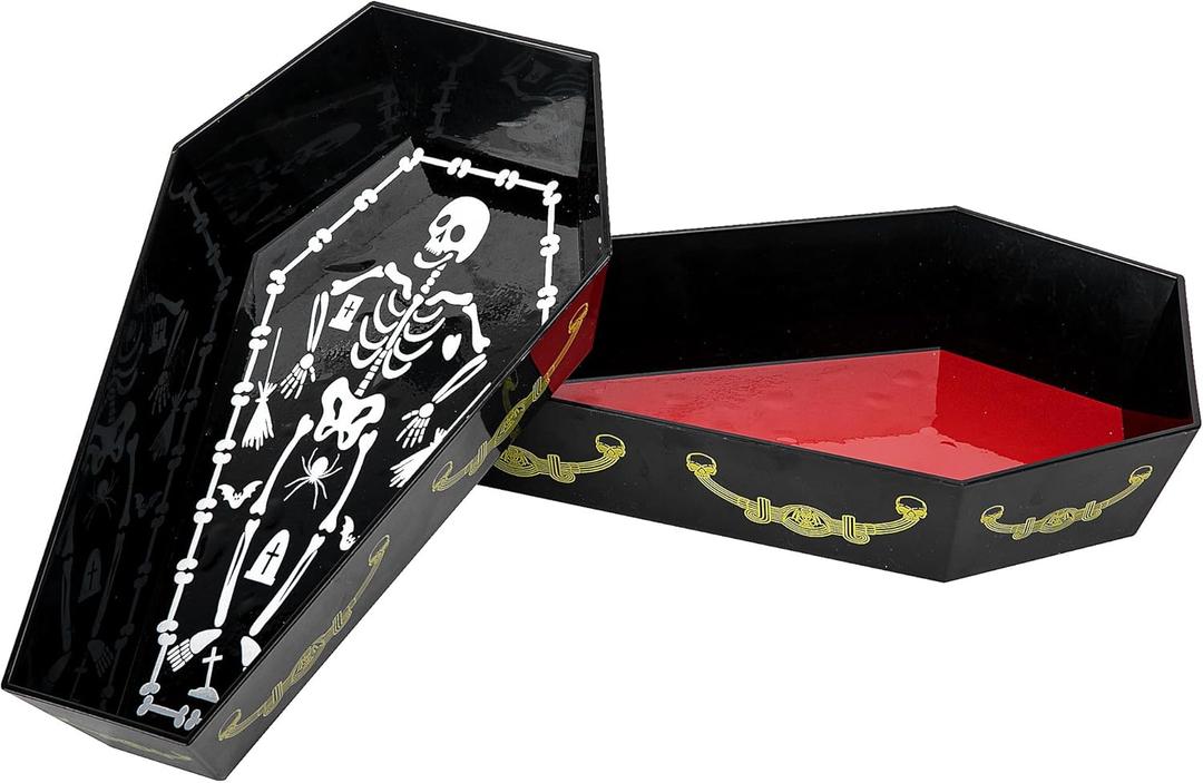 Wehhbtye 2 Pcs Halloween Coffin Shaped Serving Tray, Sturdy Gothic Coffin Serving Bowl, Spooky Black Skeleton Platter for Halloween Party Food Snack Candy Storage Supplies Table Decoration