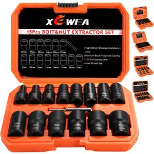 XEWEA 15 PCS 1/2" Drive Lug Nut Removal Tools, Striped Wheel Lock Removal Kit Easy Out Twist Socket Extractor Set for Damaged, Frozen, Rusted, Rounded-Off Bolts Nuts & Screws