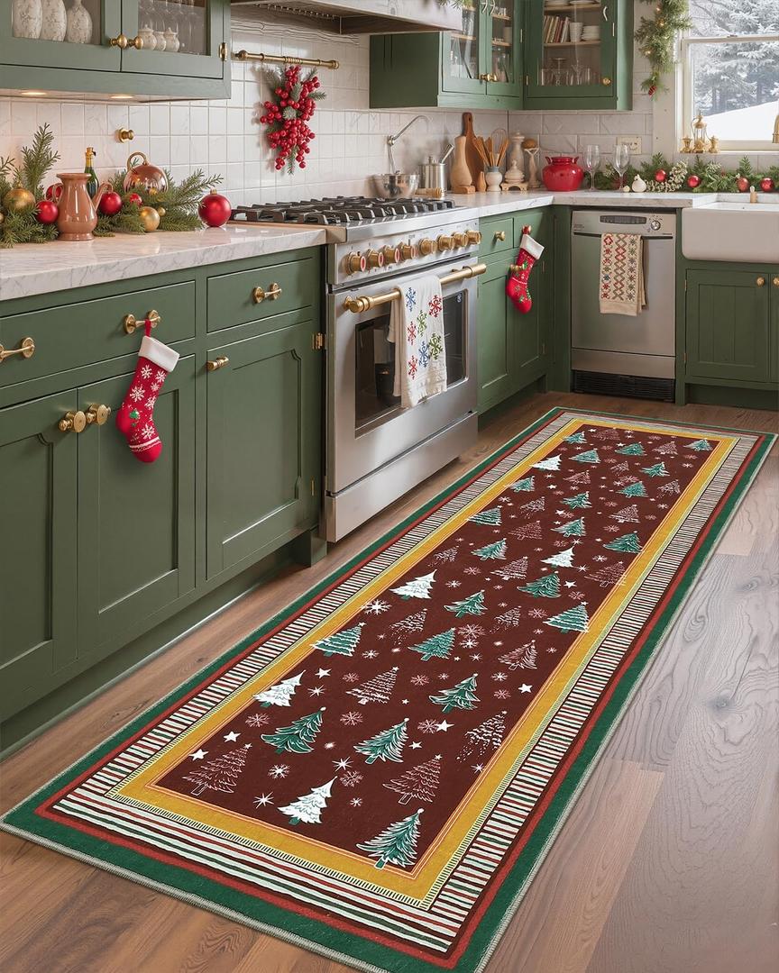 GarveeHome 2.5x8 Christmas Rug Runners for Hallways Non Slip, Christmas Tree Print Kitchen Rugs Washable Area Rug for Entryway, Low Pile Soft Red Holiday Decor Carpet for Bedroom Laundry Room, Christmas Red