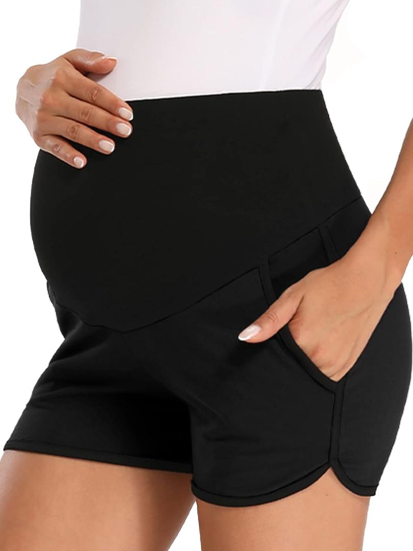 fitglam Women's Maternity Shorts Over Belly Pregnancy Lounge Workout Running Pajama Sleep Shorts with Pockets (Medium, A01 Black)