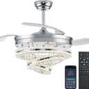 Modern Fandelier Ceiling Fans with LED Light and Remote APP Control, Crystal Chandelier Fan Retractable Blades Quiet DC Motor for Bedroom, Living Room, 42 Inch Blade Span (ChromeA)