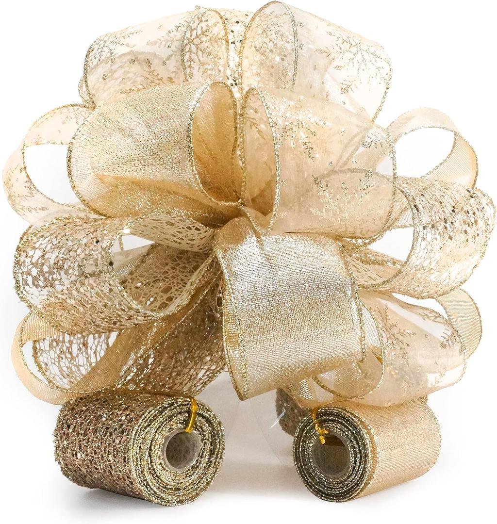 Traico Christmas Tree Topper Bow - Bow: 11" sq. - Tails: 3 Yards Long Each - Champagne Snowflake