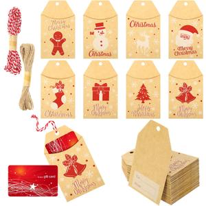 200 Pack Christmas Card Gift Holder Tags Brown Kraft Paper Gift Tags with String for DIY Holiday Christmas Xmas Wrapping Name Card, 8 Designs