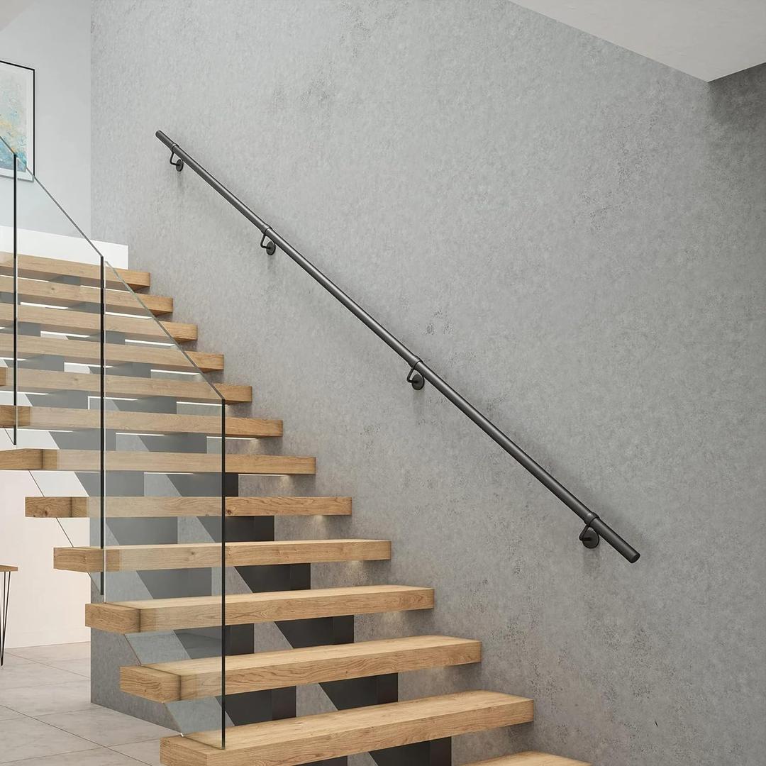 ROTHLEY 9.8 FT ADA Industrial Handrails for Indoor Stairs: Metal Staircase Handrails Wall Mount Stair Handrail 1.6" Sturdy Pipe Hand Railings for Steps Matt Black Powder Coat Stairway Railing (9.8FT)