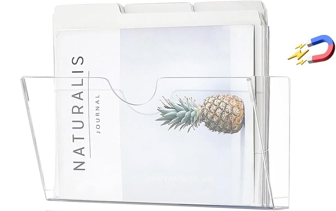 Qozary Clear Acrylic Magnetic File Holder  Magazine Rack for File Cabinets, Magnetic Mail Holder, File Organizer for Refrigerator, White Board, Office (Transparent, Medium)