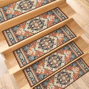 GIB Stair Treads for Wooden Steps Non Slip Washable Carpet Stair Treads 8" X 30", Self Adhesive Indoor Stair Runners for Kids Elders and Dogs, Classic Persian Medallion, Red & Navy, 15 Pack
