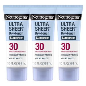 Neutrogena Ultra Sheer Dry-Touch Sunscreen for Face & Body, Helioplex SPF 30 Broad Spectrum UVA/UVB, Lightweight, Water Resistant & Non-Greasy, Hawaii Act 104 compliant, Travel Size 3 fl oz, Pack of 3